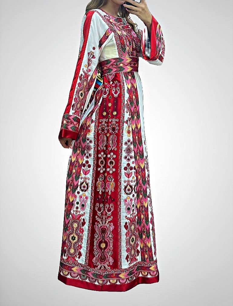 White & Red Multicolored Embroidered Palestinian Fellahi Thobe