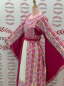 Pink Embroidered Palestinian Thobe with Wide Sleeves and Belt