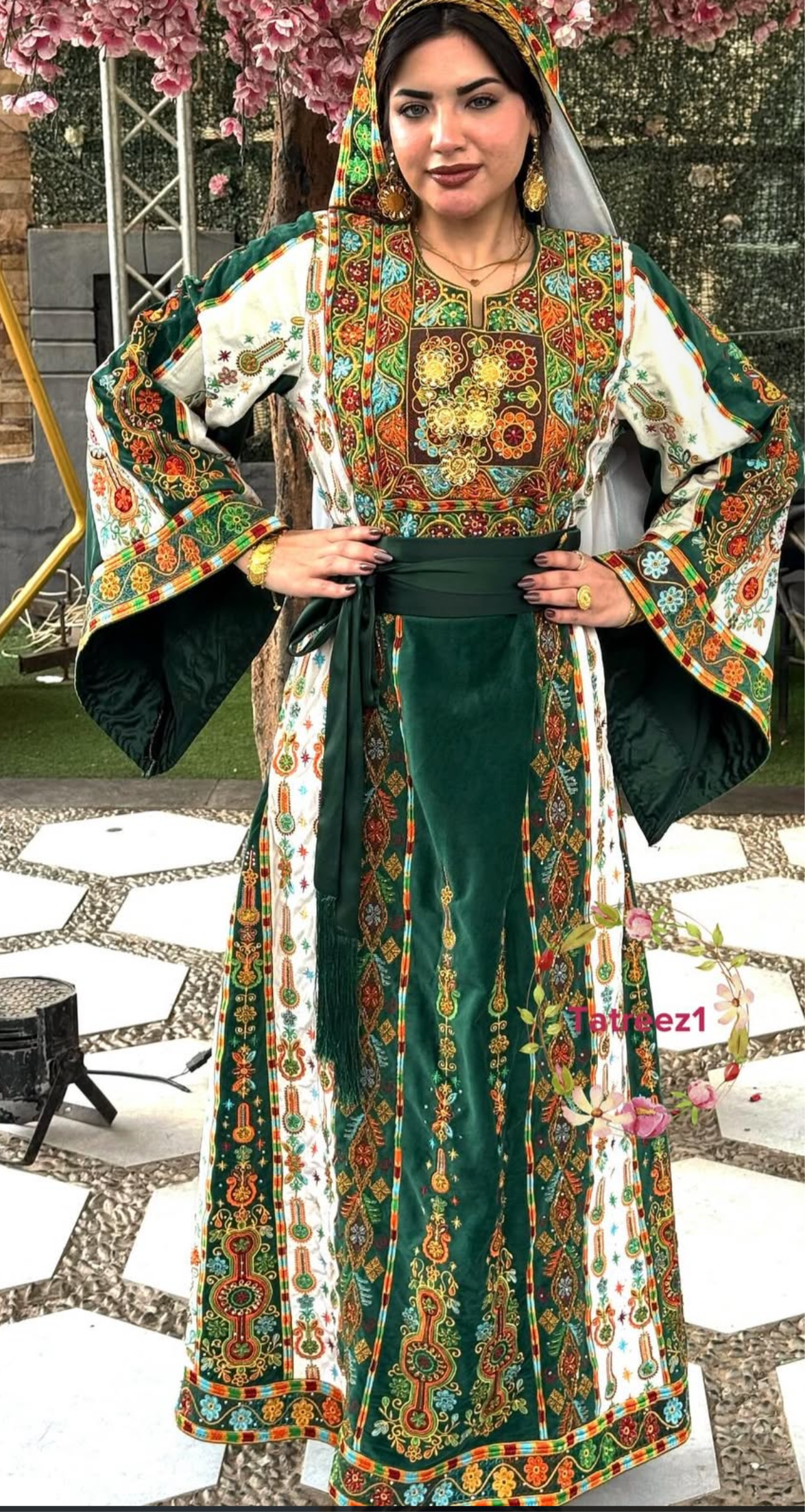 Malacca Velvet Material Green Stone Embroidery Thoub With Matching Headpiece