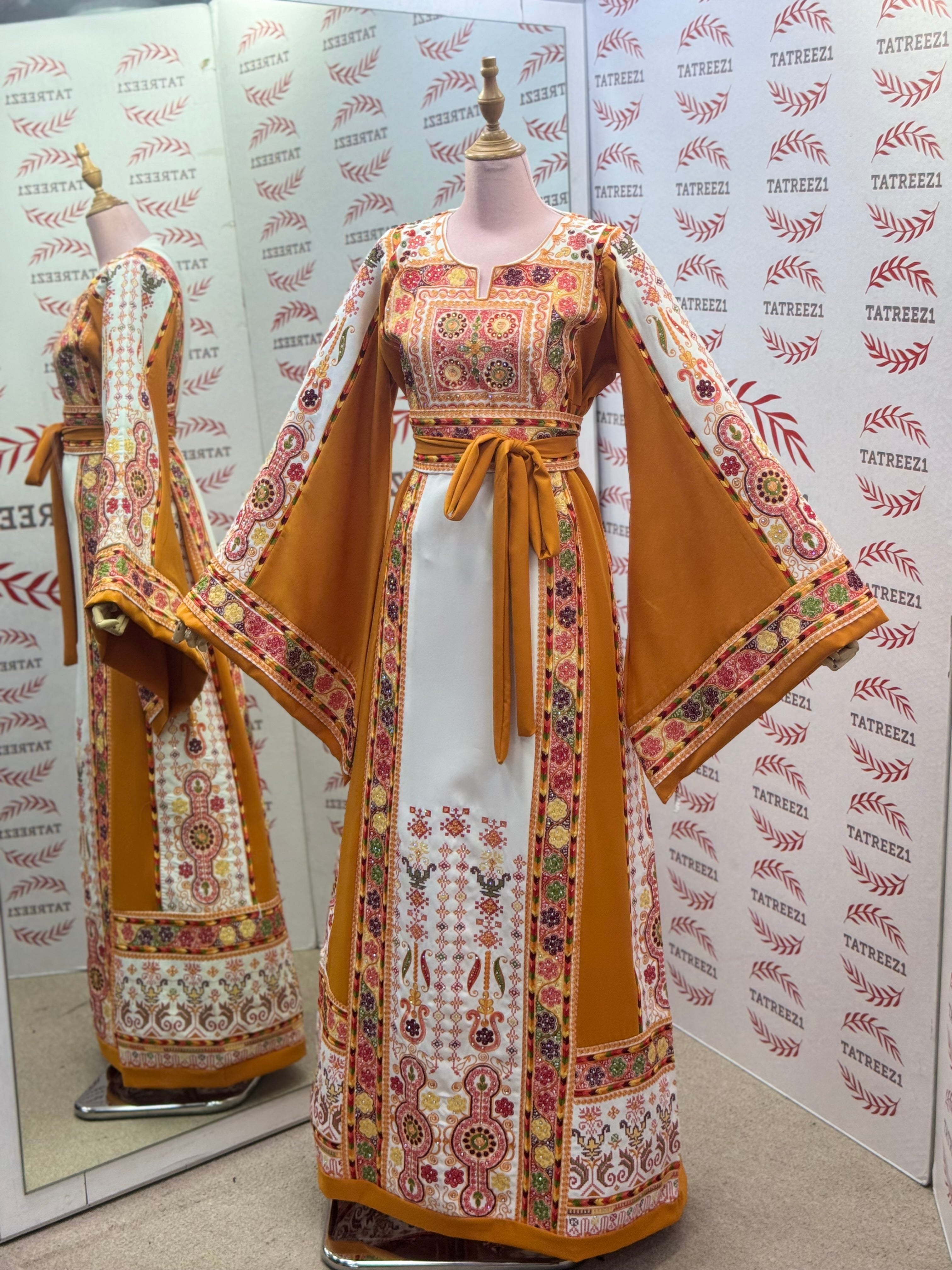 Yellow & White  Palestinian Tatreez Thobe Heritage Elegance Embroidered Dress