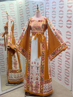 Load image into Gallery viewer, Yellow &amp; White  Palestinian Tatreez Thobe Heritage Elegance Embroidered Dress
