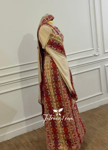 Traditional Palestinian Beige Thobe with Embroidery – Machine Made with Matching Head Scarf