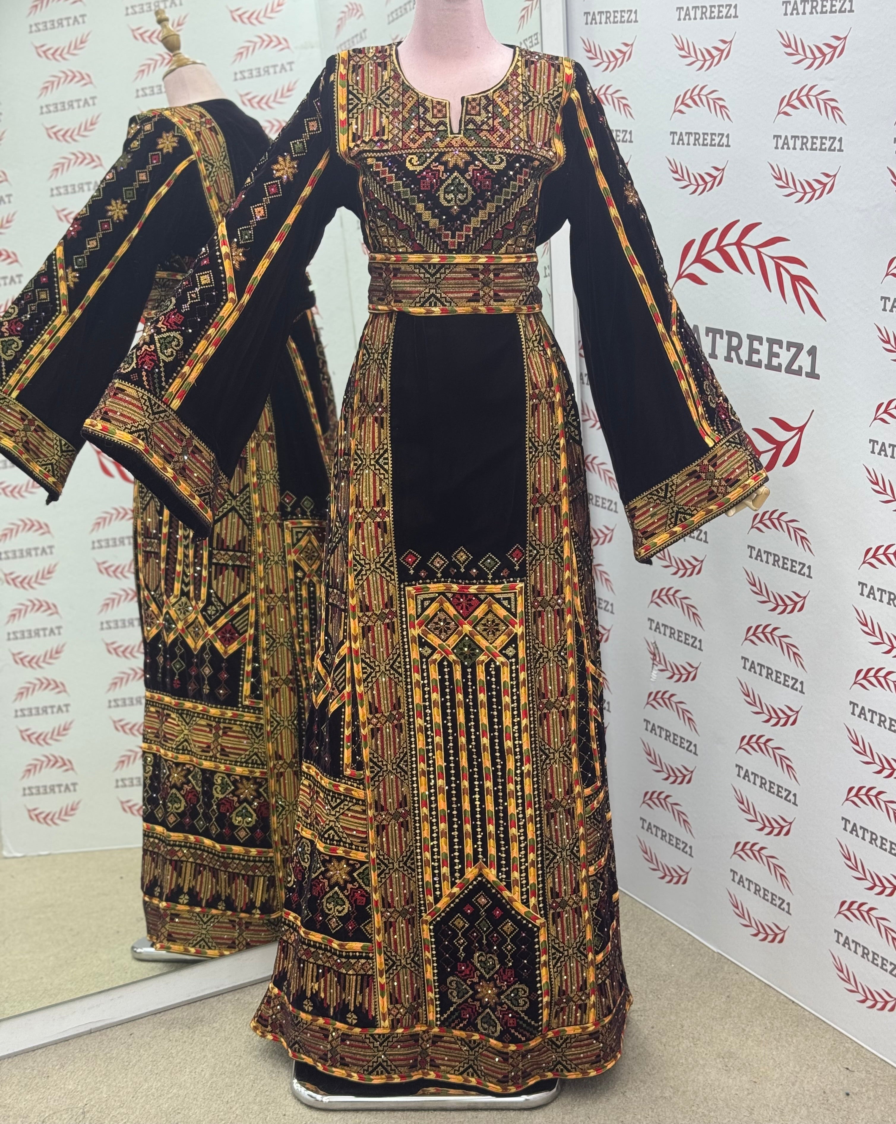 Golden Embroidery Silk Dark Brown Velvet Stone Thobe