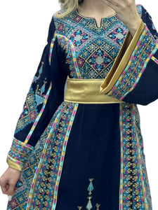 Navy Embroidery Embroidered Palestinian Thobe With Reversible Belt