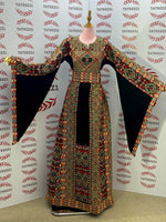 Load image into Gallery viewer, Gold-toned embroidered Palestinian thobe Thobe with Matching Embroidered Belt
