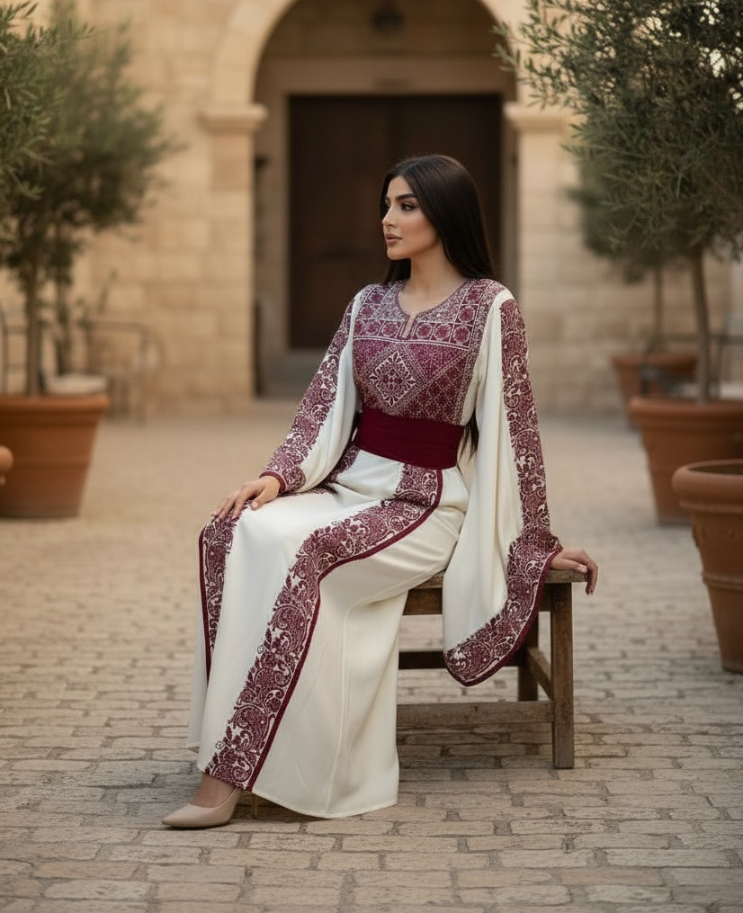 Wide Sleeve Thoub Red Embroidered Palestinian Thobe With Satin Belt