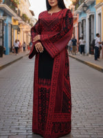 Load image into Gallery viewer, Red &amp; Black Color thoub Embroidered Palestinian Fellahi Thobe With Belt
