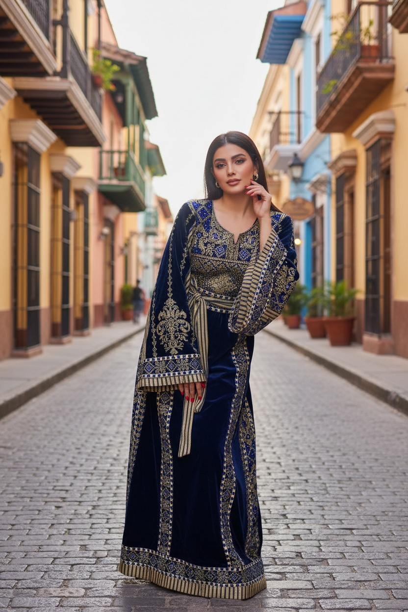 Velvet Simply Elegant Wide Sleeve Thoub Blue Embroidered Palestinian Thobe