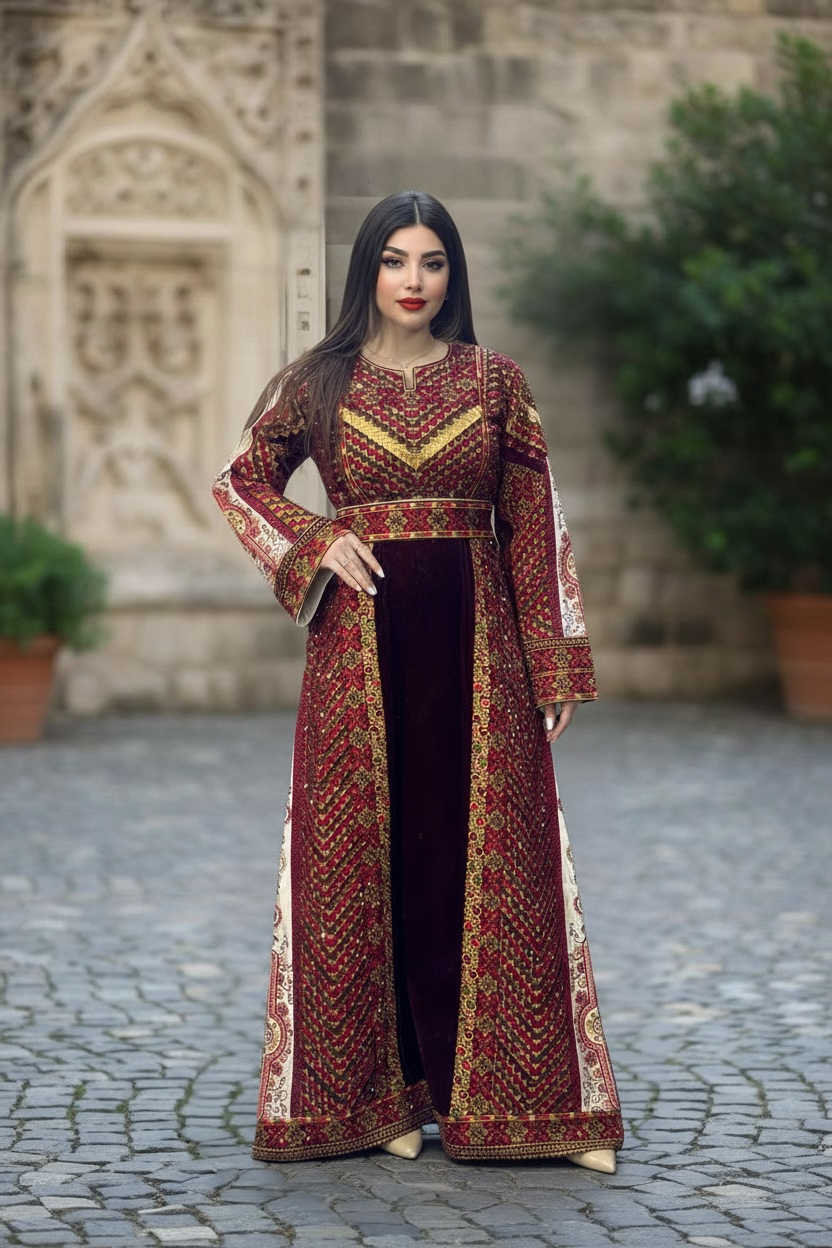 Silk Velvet Maroon Thobe with Golden Embroidery