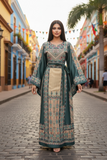 Beige thoub Blue Embroidered Palestinian Fellahi Thobe With Belt