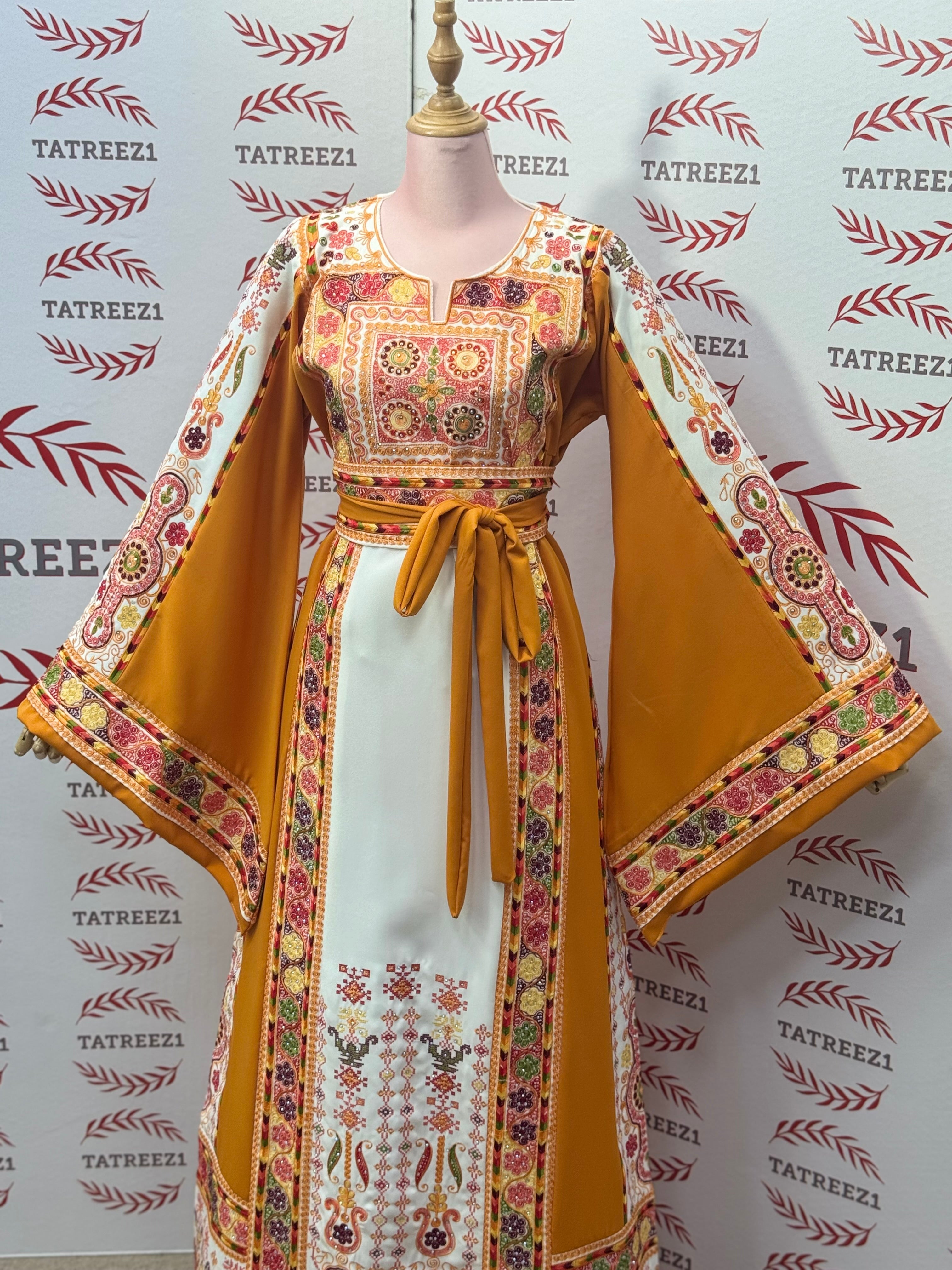Yellow & White  Palestinian Tatreez Thobe Heritage Elegance Embroidered Dress