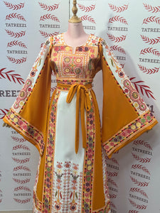 Yellow & White  Palestinian Tatreez Thobe Heritage Elegance Embroidered Dress