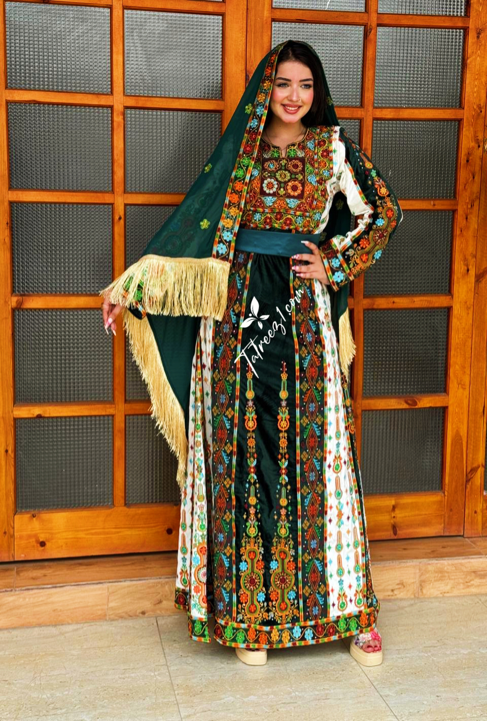 Malacca Velvet Material Green Stone Embroidery Thoub With Matching Headpiece