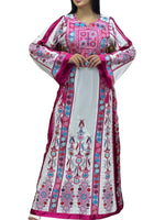 Load image into Gallery viewer, Pink Malacca White Embroidery Thoub  Wide Sleeve Elegant with Reversible Belt
