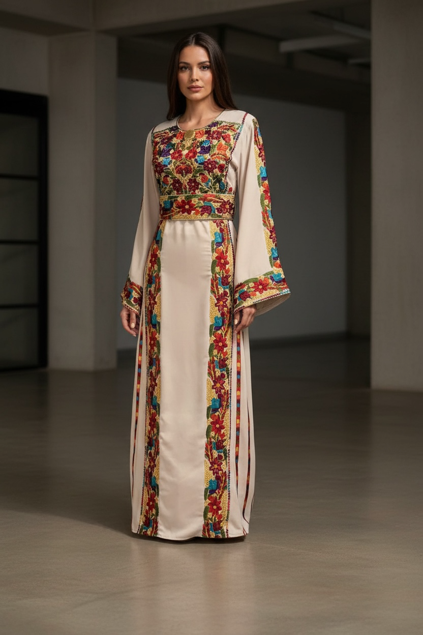 Beige Simple & Classic Elegant Emberoidery Dress With Matching belt