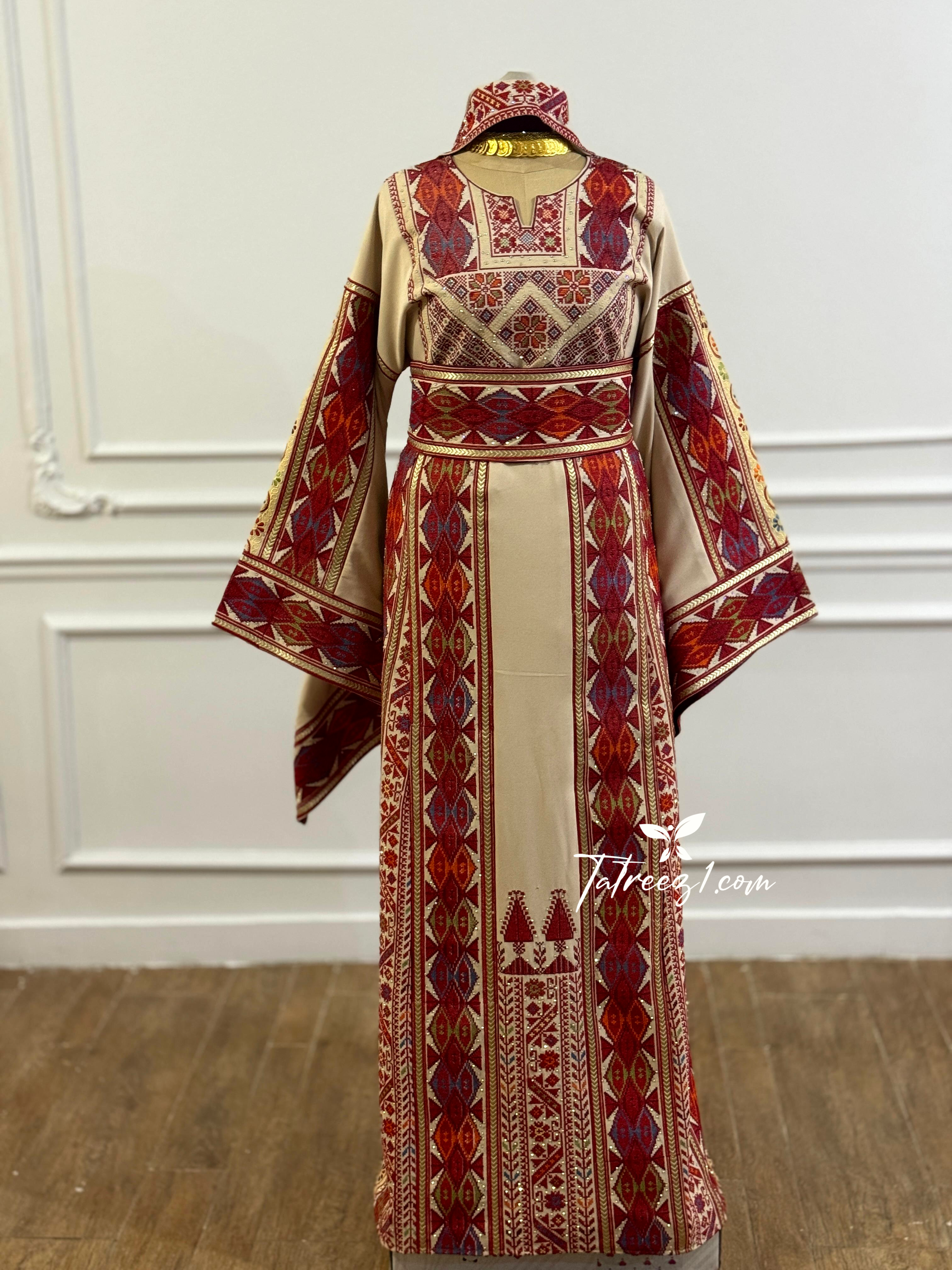 Traditional Palestinian Beige Thobe with Embroidery – Machine Made with Matching Head Scarf