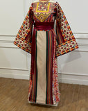 Beige Majdalway Embroidered Palestinian Fellahi Thobe With Matching Headpiece & overskirt
