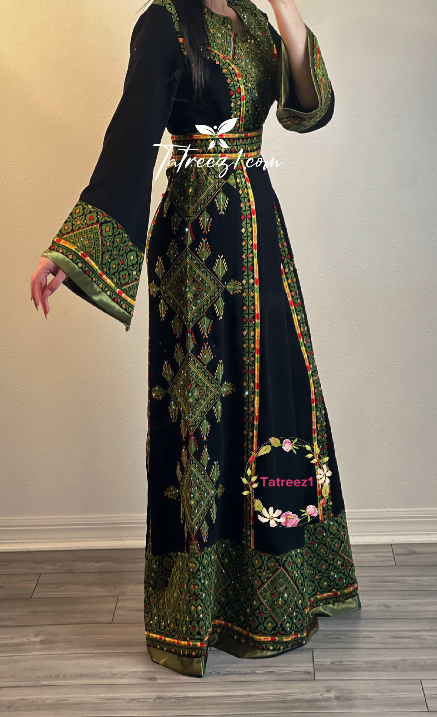 Black/Green Embroidery Embroidered Palestinian Thobe With Embroidery belt