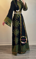 Load image into Gallery viewer, Black/Green Embroidery Embroidered Palestinian Thobe With Embroidery belt
