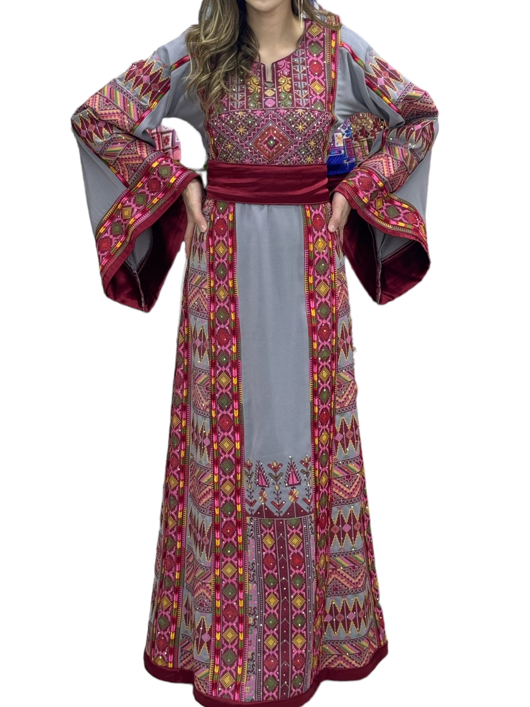 Gray Thobe Embroidered Palestinian With Embroidery Belt