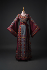 Load image into Gallery viewer, Luxury Gray Palestinian Fellahi Thobe with Traditional Embroidery
