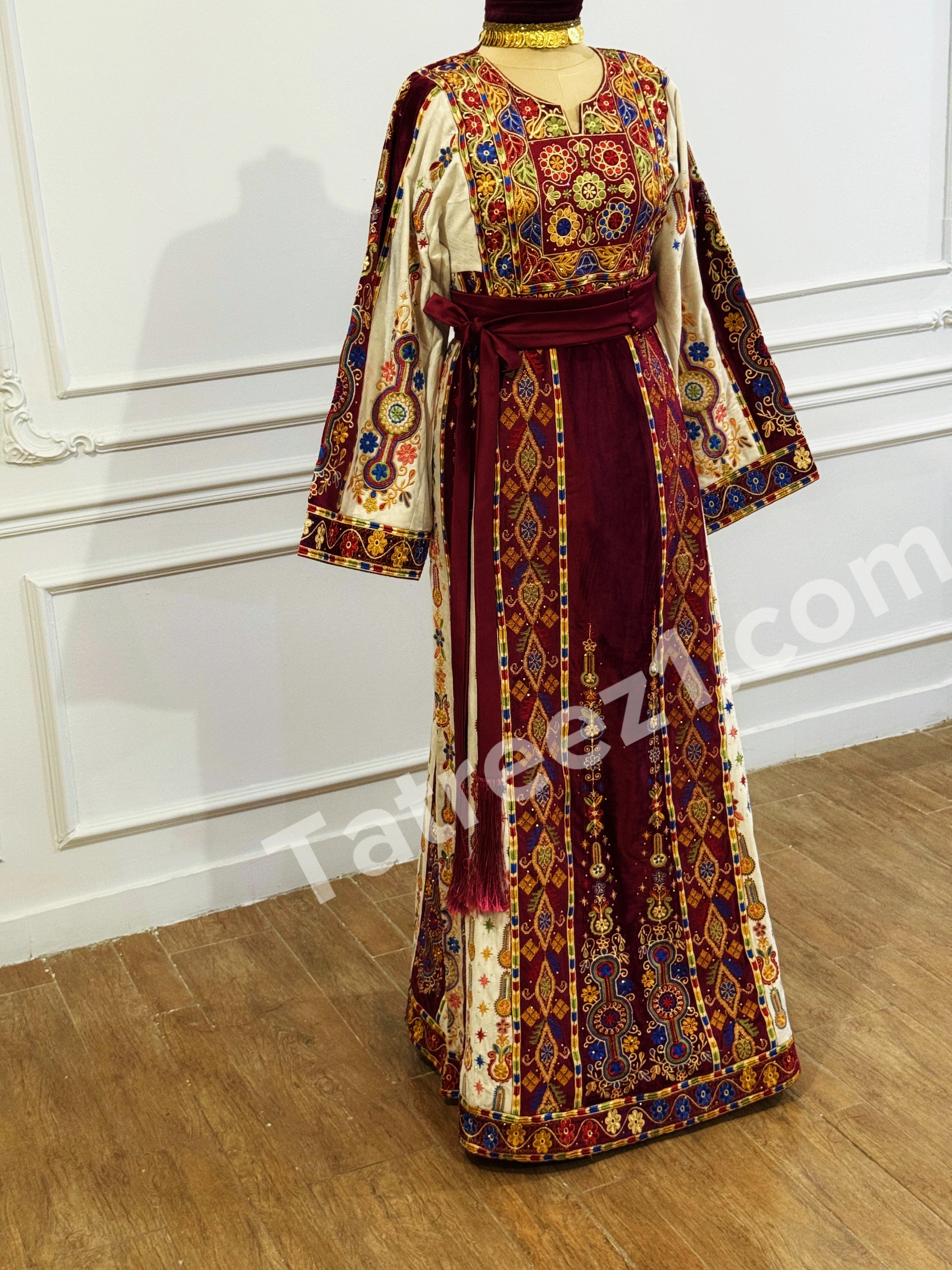 Maroon Malacca Silk Velvet Thoub with Stone Embroidery and Overskirt