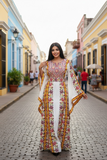 Floral Embroidered Palestinian Thobe with Wide Sleeves and Belt