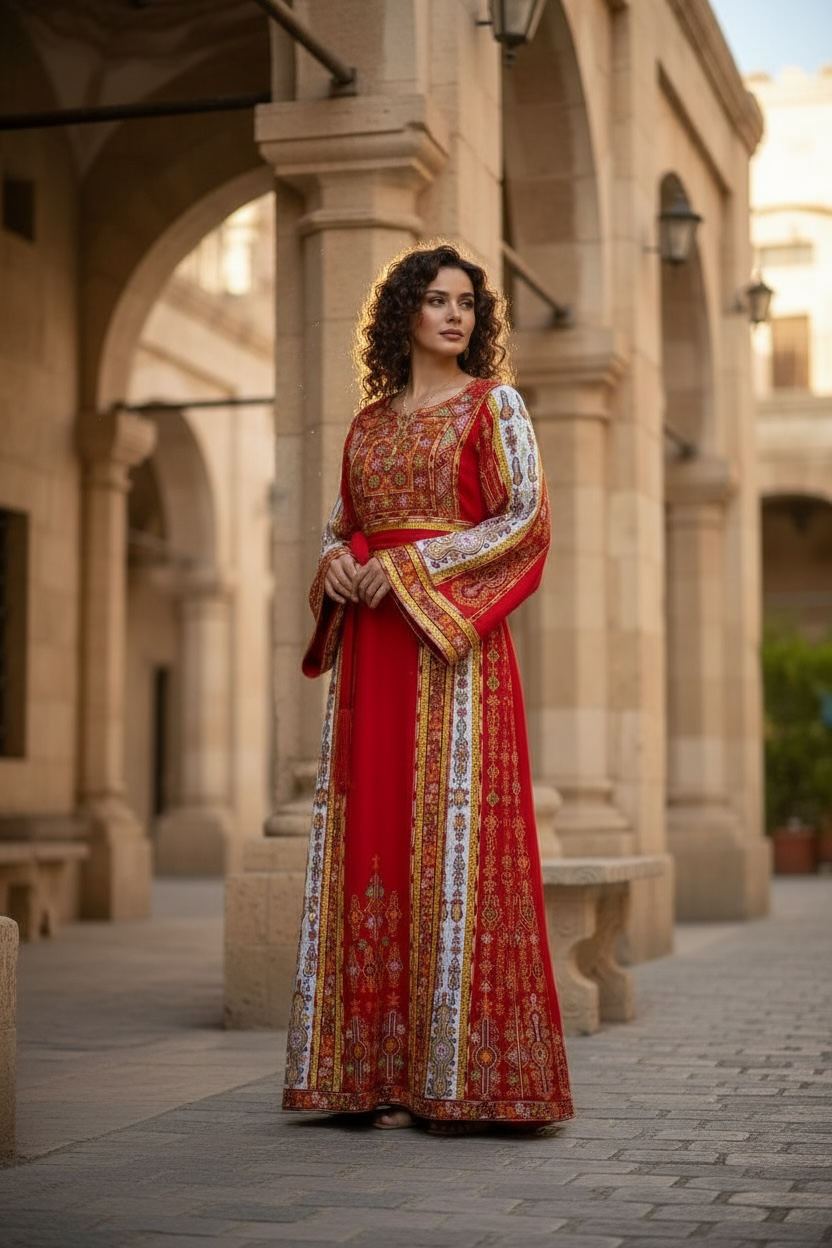 Traditional Palestinian Red Thobe with Intricate Embroidery – Machine Made with Matching Head Scarf