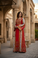 Load image into Gallery viewer, Traditional Palestinian Red Thobe with Intricate Embroidery – Machine Made with Matching Head Scarf
