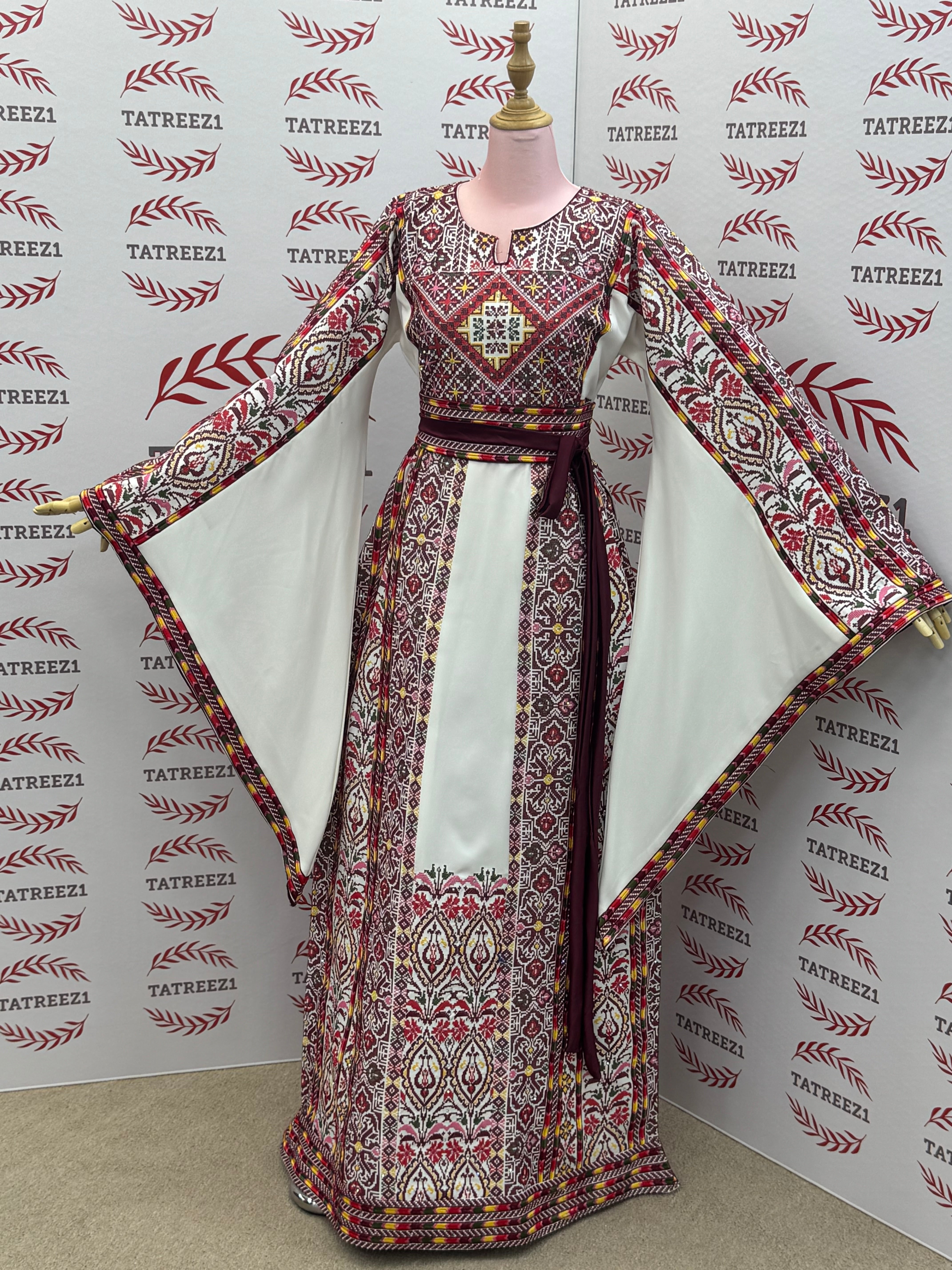 White Traditional Palestinian Thobe – Burgundy & Gold Elegance Embroidery