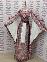 Load image into Gallery viewer, White Traditional Palestinian Thobe – Burgundy &amp; Gold Elegance Embroidery
