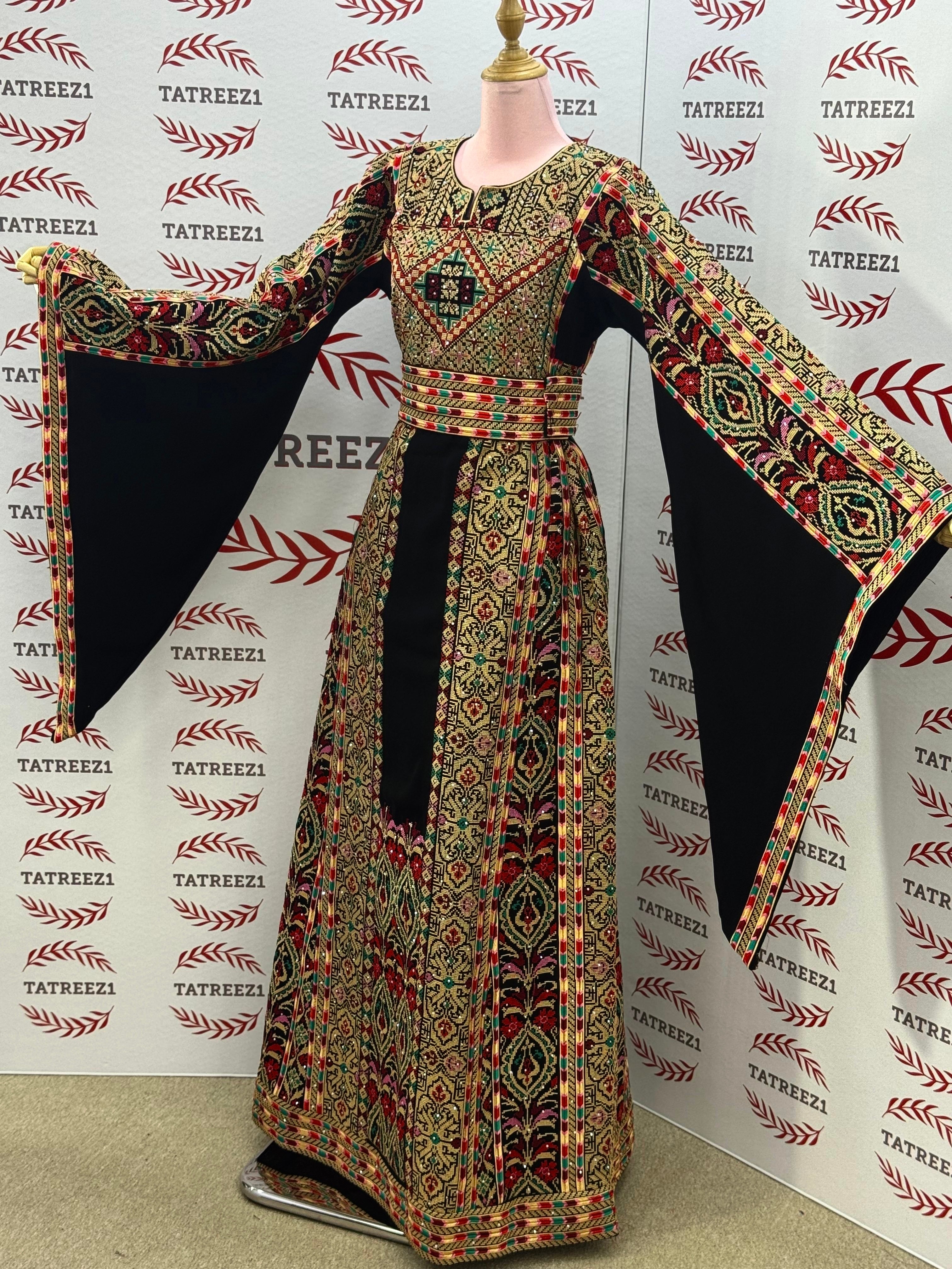 Gold-toned embroidered Palestinian thobe Thobe with Matching Embroidered Belt