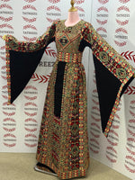 Load image into Gallery viewer, Gold-toned embroidered Palestinian thobe Thobe with Matching Embroidered Belt
