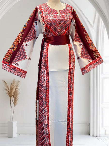 Traditional Palestinian Palestinian Dress Amazon Eve Red Tatreez Embroidered Palestinian Kaftan Thobe (3 Piece Set) Traditional Palestinian Palestinian Dress Amazon Eve Red Tatreez Embroidered Palestinian Kaftan Thobe (3 Piece Set)