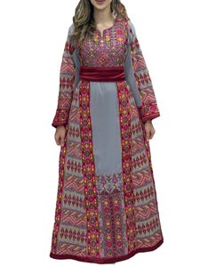 Gray Thobe Embroidered Palestinian With Embroidery Belt