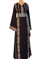Load image into Gallery viewer, 🌿 Traditional Palestinian Embroidered Thobe – Navy with Beige &amp; Blue Accents

