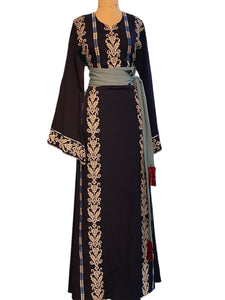 🌿 Traditional Palestinian Embroidered Thobe – Navy with Beige & Blue Accents
