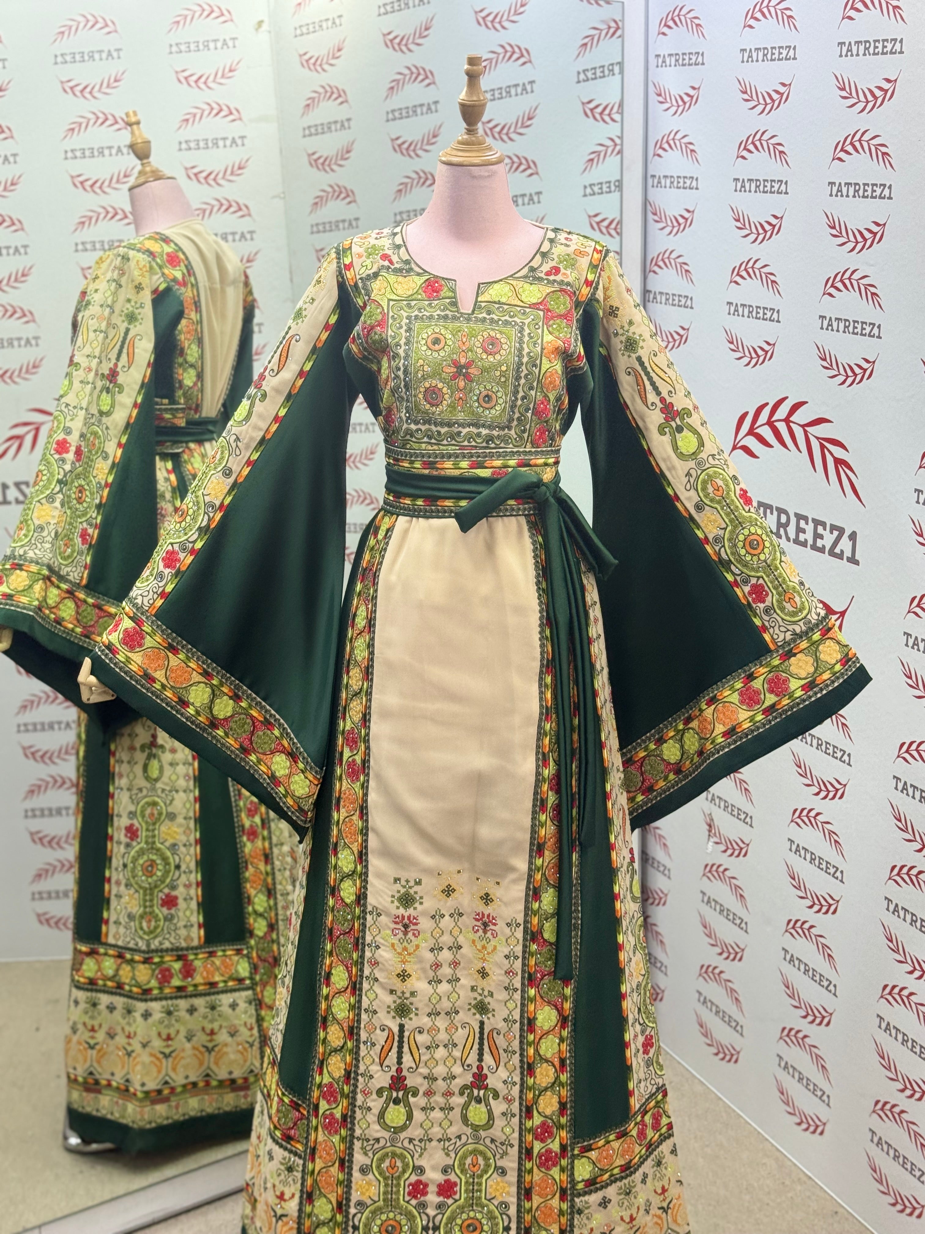 The Green & Cream Palestinian Tatreez Thobe Heritage Elegance Embroidered Dress