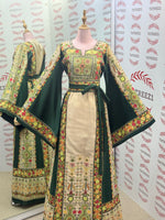 Load image into Gallery viewer, The Green &amp; Cream Palestinian Tatreez Thobe Heritage Elegance Embroidered Dress
