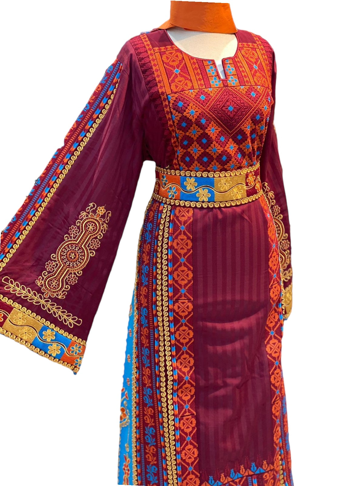 Maroon With Orange Embroidered Palestinian Fellahi Thobe