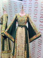 Load image into Gallery viewer, The Green &amp; Cream Palestinian Tatreez Thobe Heritage Elegance Embroidered Dress
