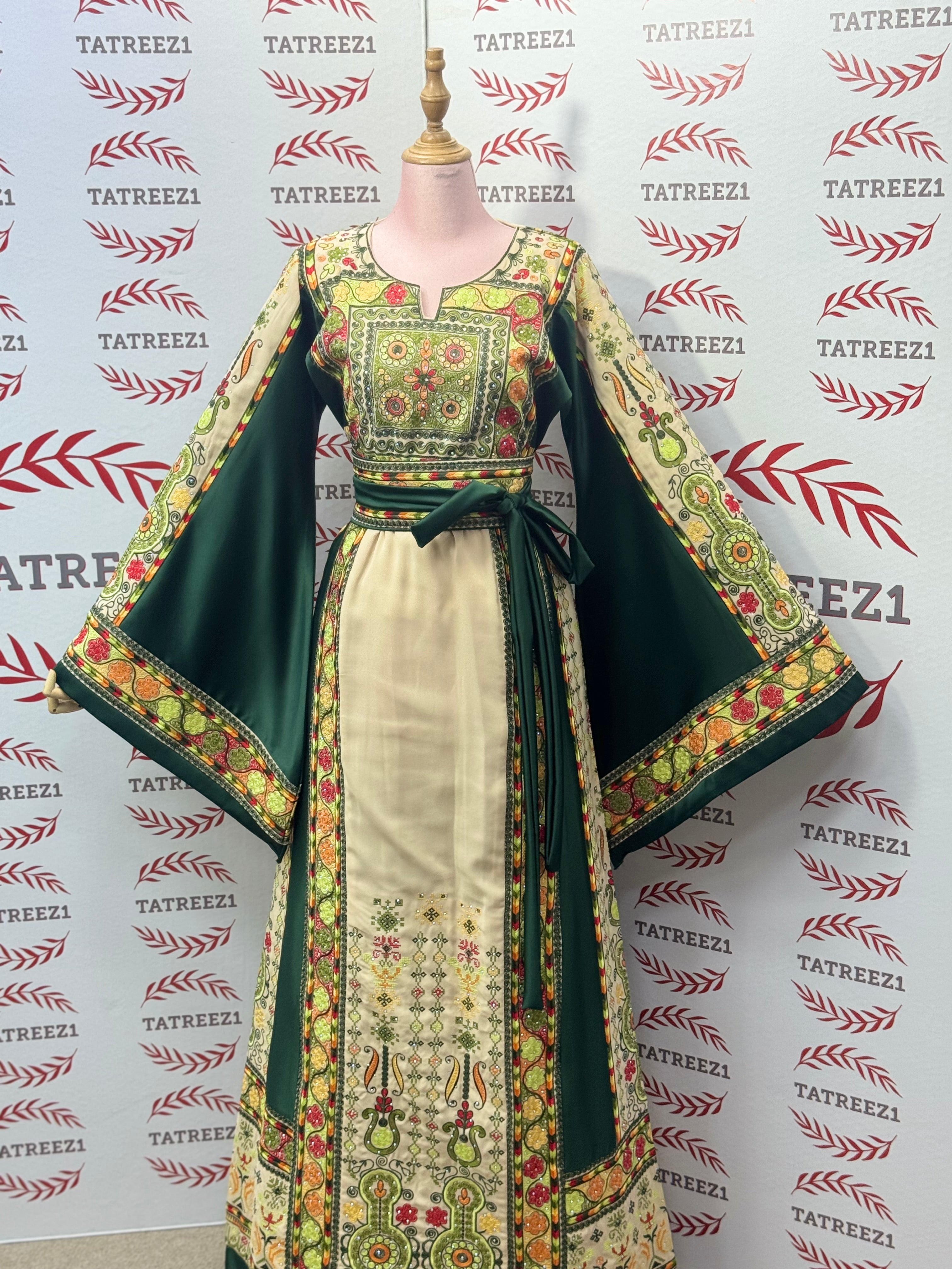 The Green & Cream Palestinian Tatreez Thobe Heritage Elegance Embroidered Dress