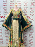 Load image into Gallery viewer, The Green &amp; Cream Palestinian Tatreez Thobe Heritage Elegance Embroidered Dress

