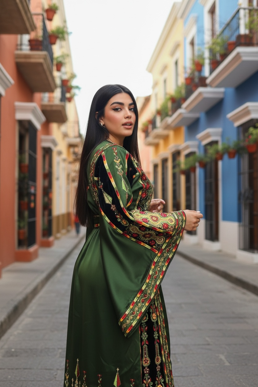 Luxurious Satin Thoub in Emerald Green