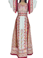 Load image into Gallery viewer, Off white Traditional Thoub Red Embroidery Wide Sleeve Elegant with Reversible Belt
