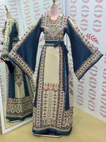 Load image into Gallery viewer, Beige Color thoub Blue Embroidered Palestinian Fellahi Thobe With Belt
