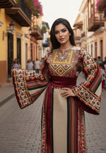 Load image into Gallery viewer, Beige Majdalway Embroidered Palestinian Fellahi Thobe With Matching Headpiece
