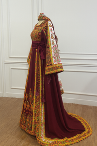 Burgundy Malacca Silk Thoub with Stone Embroidery and Overskirt
