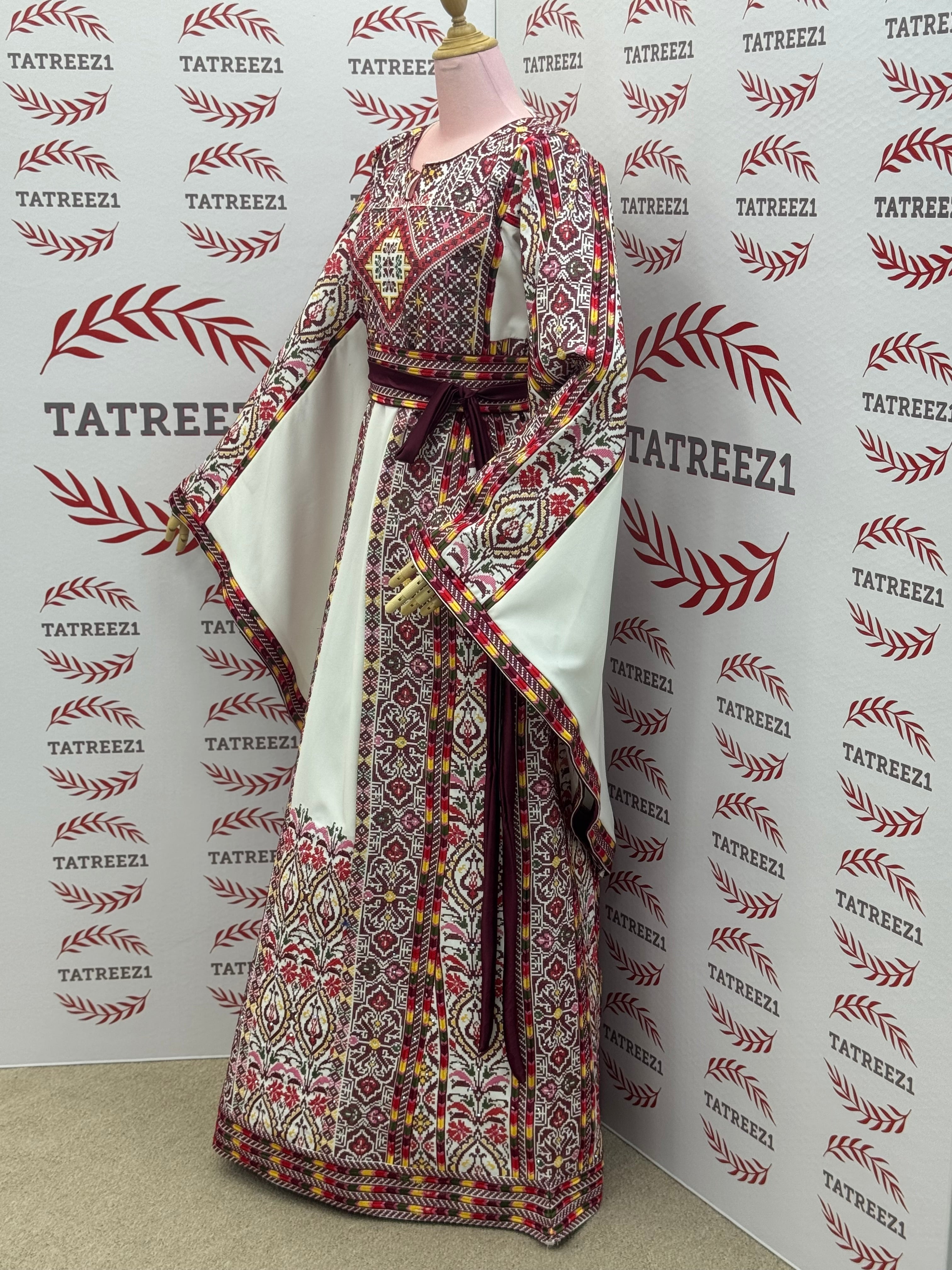 White Traditional Palestinian Thobe – Burgundy & Gold Elegance Embroidery
