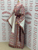 Load image into Gallery viewer, White Traditional Palestinian Thobe – Burgundy &amp; Gold Elegance Embroidery
